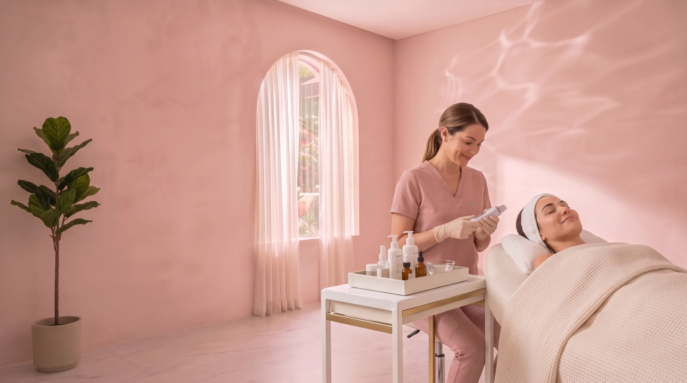 Provider in blush scrubs preparing a facial for a relaxed client at Vero Beach Medical Spa